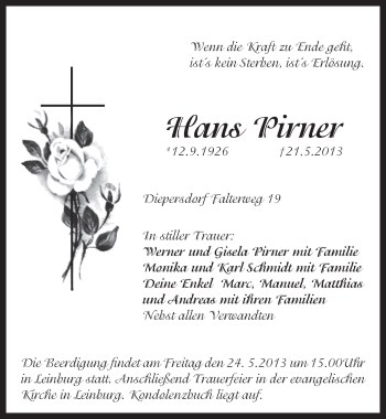 Traueranzeige von Hans Pirner von Pegnitz-Zeitung